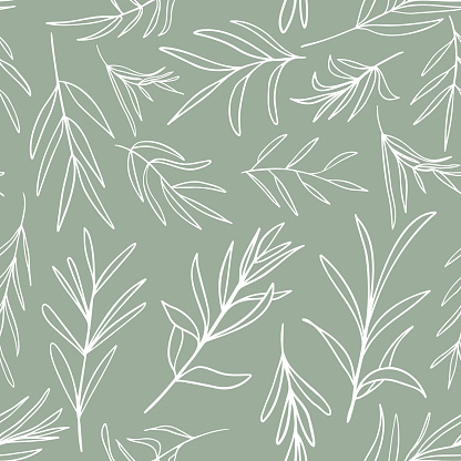 Random Placed Plants All Over Print on Sage Green Background.