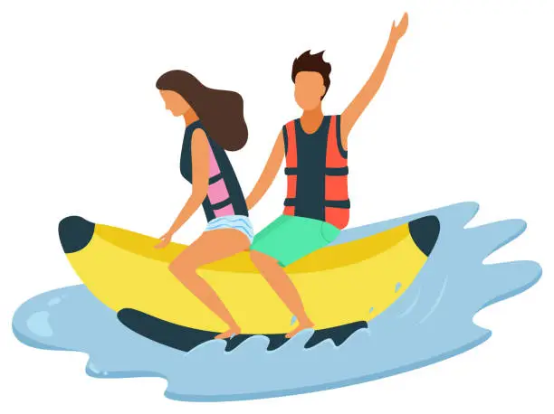 Vector illustration of Man and Woman Riding on Inflatable Banana on Sea