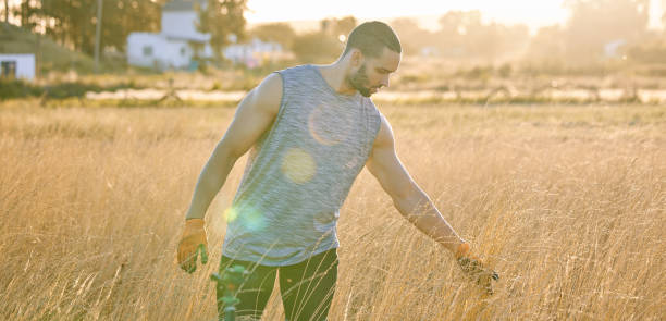 istock Shot of a young man walking through a field of wheat while touching it 1313851413