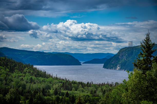 view point of fjord du saguenay in quebec province on the east side with cloudy sky and windy weather - saguenay imagens e fotografias de stock