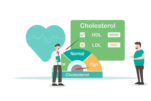 Vector illustration of Young doctor showing cholesterol meter to patient
