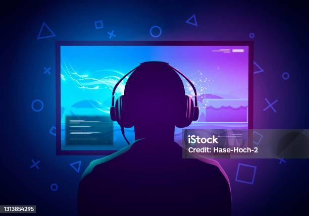 Vector Illustration Young Gamer Sit In Front Of A Screen And Playing Video Game Wearing Headphone Stock Illustration - Download Image Now