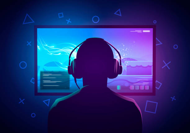 向量插圖年輕的玩家坐在螢幕前玩視頻遊戲。戴著耳機 - gamer 幅插畫檔、美工圖案、卡通及圖標