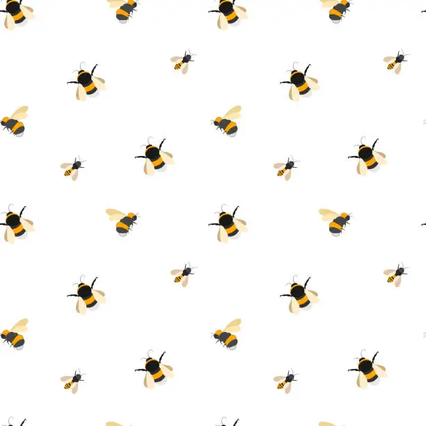 Vector illustration of Vector seamless pattern of bumblebees, bees and wasps. Static ornament of striped insects on a transparent background.