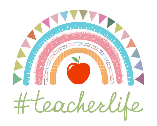 Teacher Appreciation Day vibes vector concept. Teacher appreciation week. Teacher Rainbow school banner in boho style. Teacher life lettering with red apple on white.  Hashtag teacherlife isolated teacher appreciation week stock illustrations