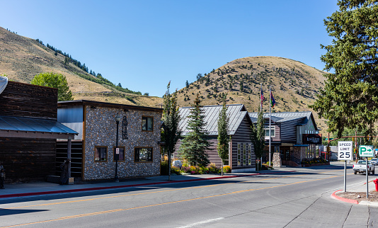 Jackson, Teton County, Wyoming - August 18, 2017. Street view with cars and building facades.