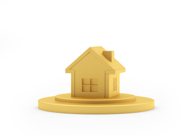 Golden house icon on a round stand isolated on white background. 3D illustration