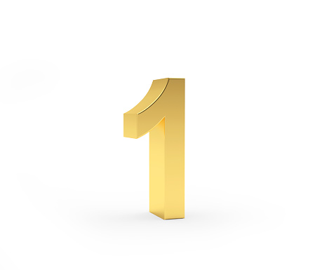 The number one is made of gold metal on a white background. 3D illustration