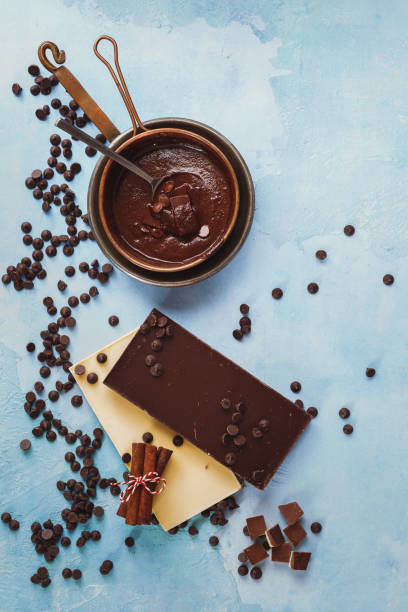 istock A bars of dark and white chocolate and melted chocolate in copper pan on rustic blue surface. Top view, blank space 1313856481