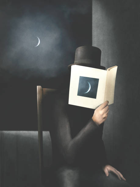 ilustracja człowieka czytającego książkę o księżycu, surrealistyczna abstrakcyjna koncepcja - dreams window bizarre surreal stock illustrations