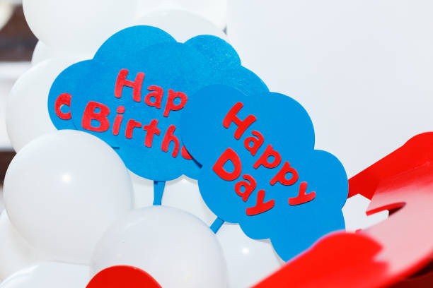 photo zone on boy's birthday party with airplanes. decorated in blue,red and white colors, balloons or aviation theme, indoor - birthday airplane sky anniversary imagens e fotografias de stock
