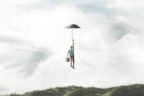иллюстрация человека, летящего в небе с зонтиком, сюрреалистическая концепция свободы - extreme sports futuristic freedom bizarre stock illustrations