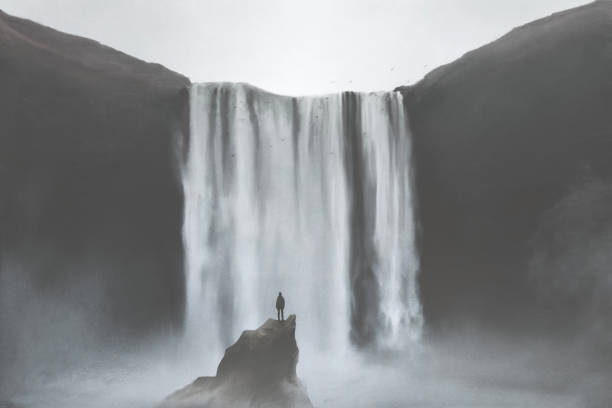 ilustrações de stock, clip art, desenhos animados e ícones de illustration of man looking at majestic powerful waterfall, natural concept - sacred mountain