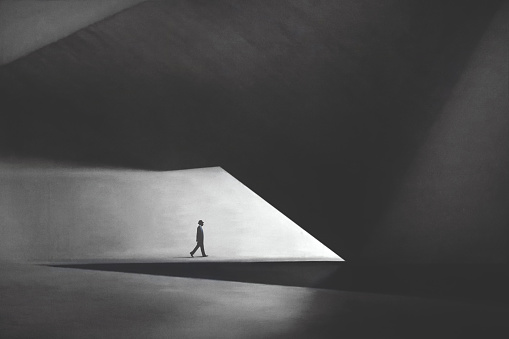 illustration of business man walking under modern minimal architecture