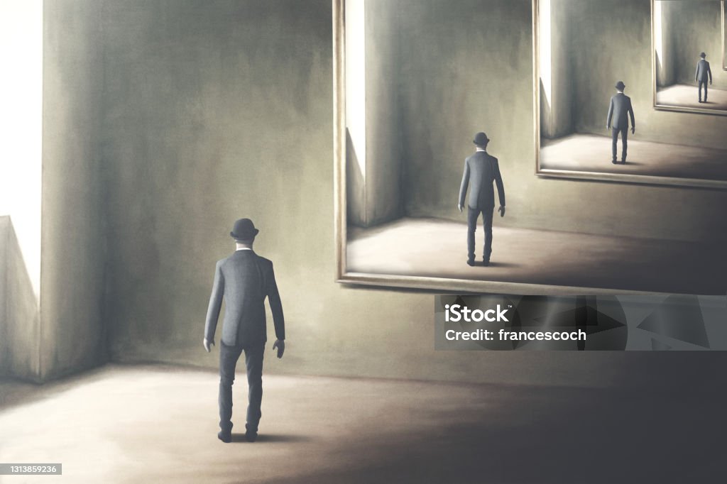 illustration of man reflecting himself in the mirror, loop surreal concept Mirror - Object stock illustration