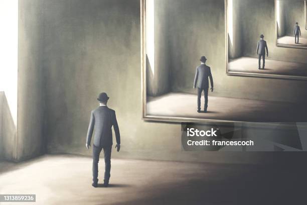 Illustration Of Man Reflecting Himself In The Mirror Loop Surreal Concept Stock Illustration - Download Image Now