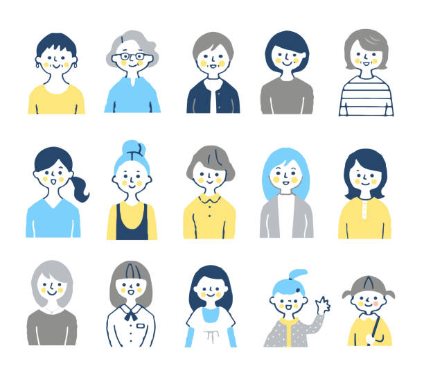Women of various generations Upper body An illustration, child, middle age,  elderly,  person age diversity stock illustrations