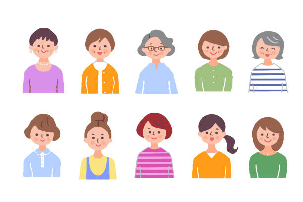 ilustrações, clipart, desenhos animados e ícones de um conjunto de 10 corpos superiores de várias mulheres - aging process women human face daughter