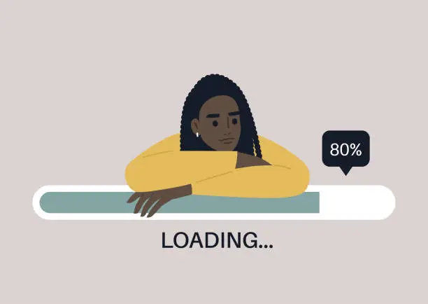 Vector illustration of Young female Black character leaning on a progress bar, file uploading concept