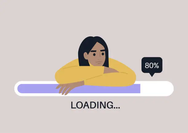 Vector illustration of Young female character leaning on a progress bar, file uploading concept