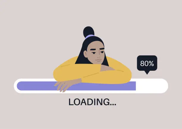 Vector illustration of Young female Asian character leaning on a progress bar, file uploading concept