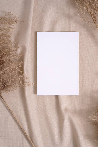 istock White blank paper card mockup with pampas dry grass on a beige neutral colored textile 1313865119