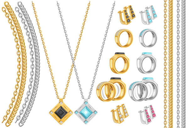 illustrations, cliparts, dessins animés et icônes de ensemble vectoriel de bijoux - necklace chain gold jewelry