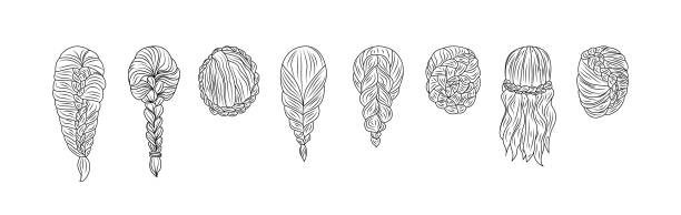 Set of female hairstyles with braids sketch vector illustration isolated. Set of female hairstyles with braids in hand drawn sketch style vector illustration isolated on white background. Wedding hairstyles and event hairdo bundle. braided buns stock illustrations