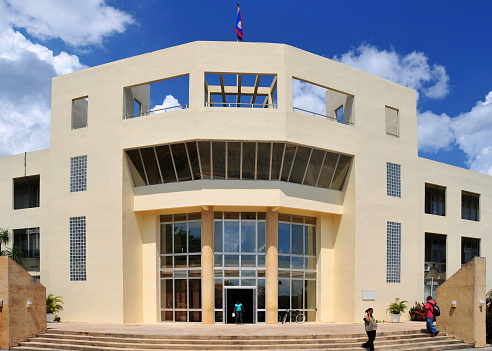 Belmopan, Cayo, Belize: entrance of Sir Edney Cain Building - hosts the Prime Minister's office and several ministries - Sir Edney Cain was a politician known for rebuilding Belize's foreign reserves.