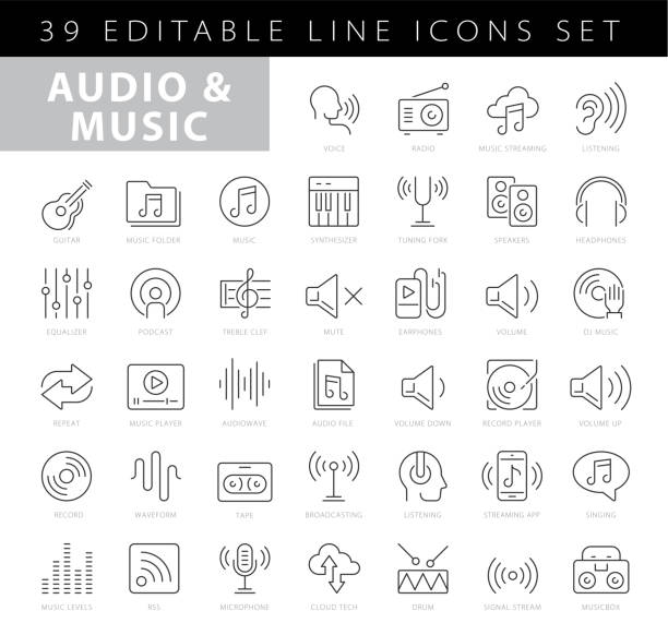 ilustraciones, imágenes clip art, dibujos animados e iconos de stock de iconos de sonido - serie de líneas editables - music style audio
