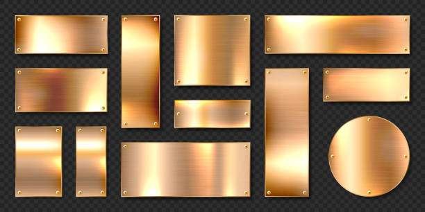 istock Realistic shiny metal banners set. Brushed steel plate with screws. Polished copper metal surface. Vector illustration 1313871900