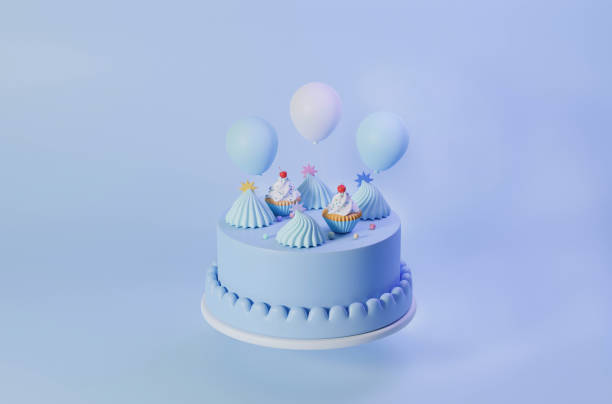 甘い風船とカップケーキトッピングデザート3dイラストと最小限のフライングケーキブルー��パステル - balloon child people color image ストックフォトと画像