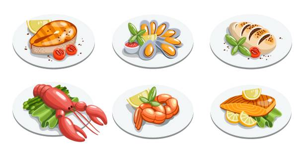 illustrations, cliparts, dessins animés et icônes de repas de fruits de mer mis dans le modèle de dessin animé. calmars, crevettes, calmars, poissons, moules au citron, salade verte et tomates dans l’assiette. illustration de vecteur d’isolement. - saumon produit de la mer