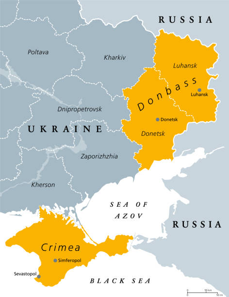 Donbass and Crimea, disputed areas between Ukraine and Russia, political map Donbass and Crimea, political map. Crimea peninsula on the coast of Black Sea, and Donbass region, formed by Donetsk and Luhansk region. Disputed areas between Ukraine and Russia. Illustration. Vector ukrayna stock illustrations