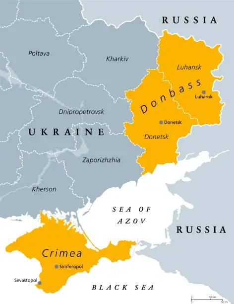 Vector illustration of Donbass and Crimea, disputed areas between Ukraine and Russia, political map