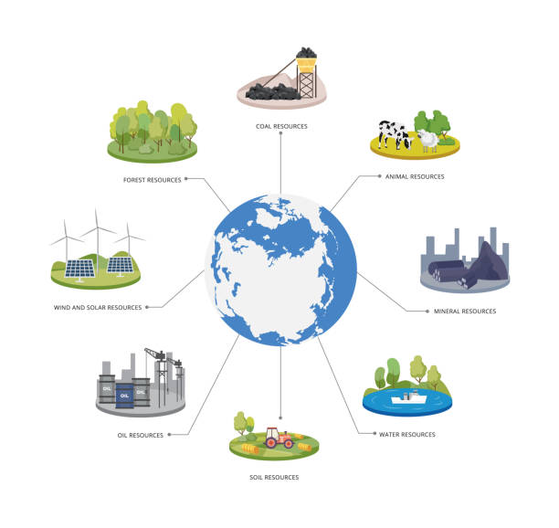 Renewable and non-renewable energy sources flat vector illustration isolated. Icons of renewable and non-renewable energy sources of planet, flat vector illustration isolated on white background. Natural and biological resources. nonrenewable resources stock illustrations