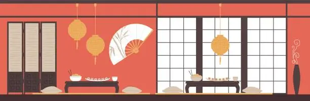 Vector illustration of Interior chinese restaurant, cafe with traditional asian food on wooden tables