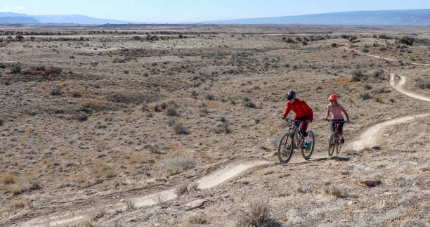 istock Female mountain bikers follow desert pathway 1313877592