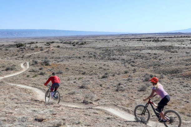 istock Female mountain bikers follow desert pathway 1313877654