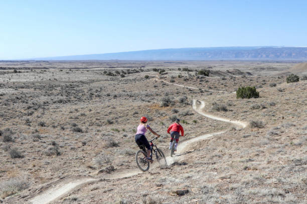 istock Female mountain bikers follow desert pathway 1313877698