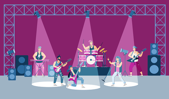 Scene of performance of rock band on stage. Background with rock musicians give a concert and play music on brightly lit stage, cartoon flat vector illustration.