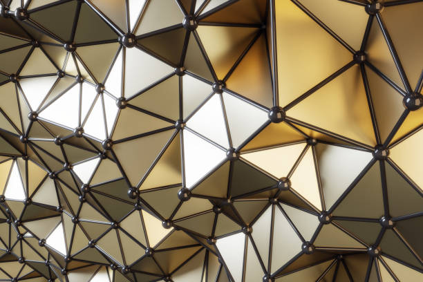 istock Perspective view on abstract futuristic style backdrop with golden volumetric glossy triangles, black lines and small balls 1313882569