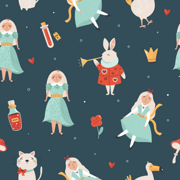 illustrazioni stock, clip art, cartoni animati e icone di tendenza di motivo senza cuciture con simboli di alice nel paese delle meraviglie - little girls alice in wonderland child fairy tale