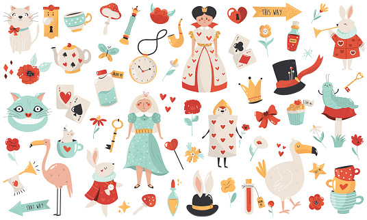 Big collection with symbols and characters of Alice in Wonderland. Vector illustrations.