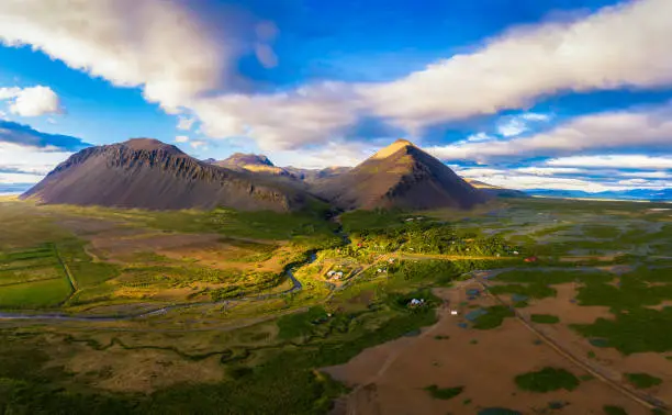 Photo of Aerial view of mountains above the village of Akranes in western Iceland