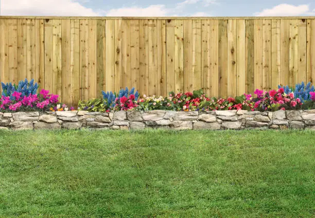 Photo of Empty backyard with green grass, wood fence and flowerbed