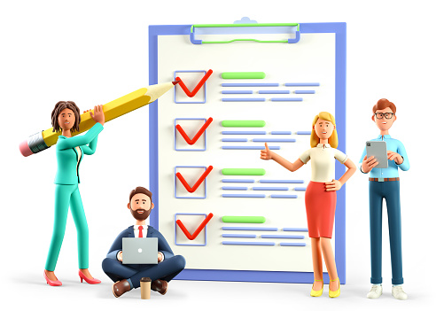 3D illustration of human characters filling out a test in customer survey form. Ethnic people group, woman with pencil and man putting check mark on checklist.  Successful tasks execution concept.