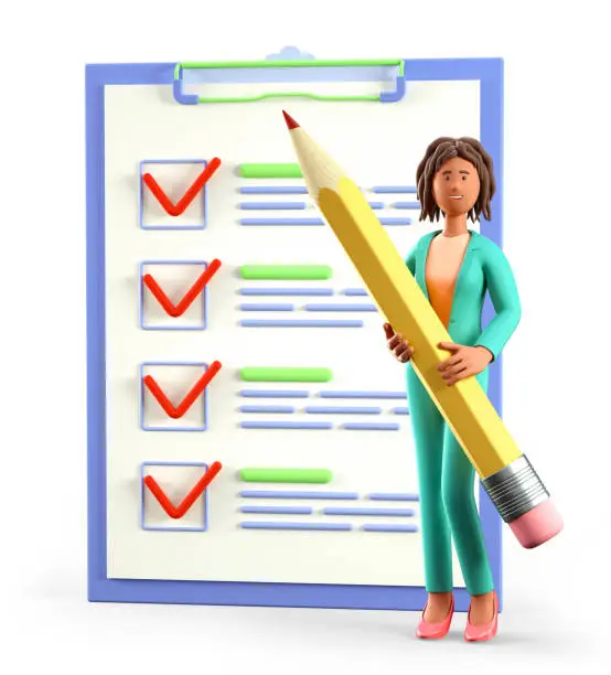 Photo of 3D illustration of african american woman holding a huge pencil nearby a giant marked checklist on a clipboard paper, customer survey form. Successful completion of business tasks.