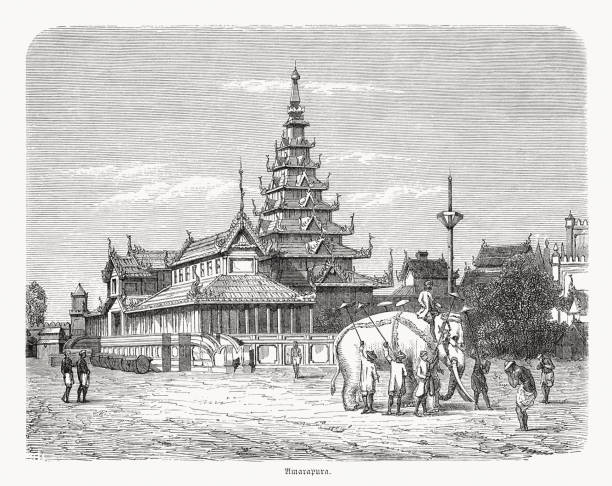 Amarapura Palace, near Mandalay, Myanmar, wood engraving, published in 1868 Historical view of the Amarapura Palace - royal palace in the old capital of Amarapura in Myanmar (Burma). It was constructed in the late 18th/early 19th century and later abandoned for Mandalay Palace. Only ruins remain of it today. Some buildings in the palace grounds, such as the pagodas and the tower, are still standing. Wood engraving, published in 1868. Amarapura stock illustrations