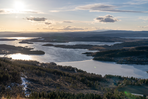 Steinsfjorden, a branch of Lake Tyrifjorden located in Buskerud, Norway. View from Kongens Utsikt (Royal View)